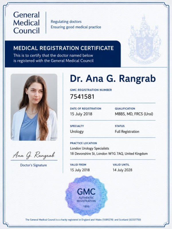 Certificado de registo médico da Dra. Ana G. Rangrab